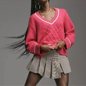Maeve Anthropologie Tillie Hot Pink V Neck Preppy Academia Sweater